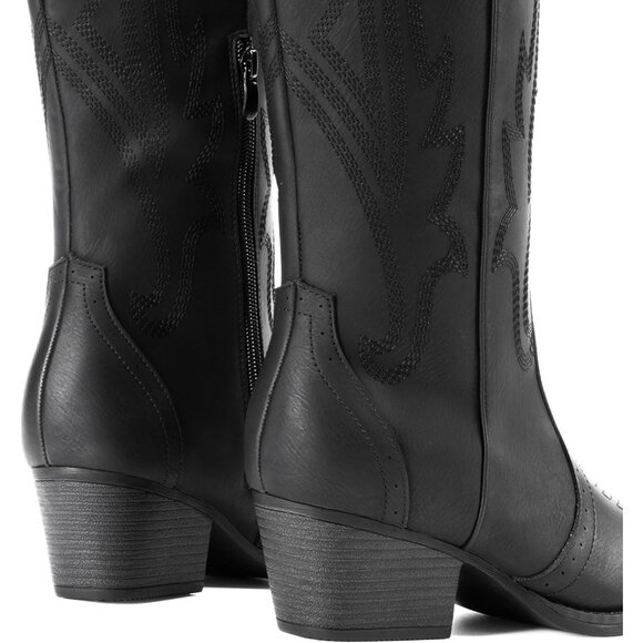 Women's Black-1 Comfortable Chunky Heel Embroidered Western Retro Knee High Boot - Picture 8 of 9